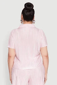 Womens Plus Size Almost Famous Plisse Striped Shirt, Pink, Size 1X