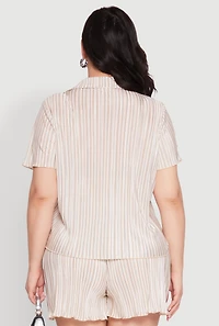 Womens Plus Almost Famous Plisse Striped Shirt, Beige,