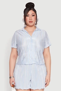 Womens Plus Size Almost Famous Plisse Striped Shirt, Blue, Size 3X