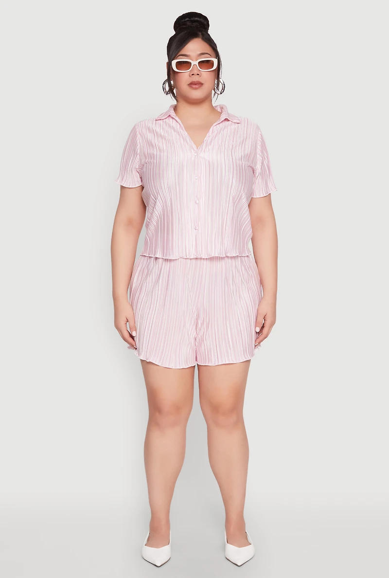 Womens Plus Size Almost Famous Plisse Striped Shorts, Pink, Size 2X