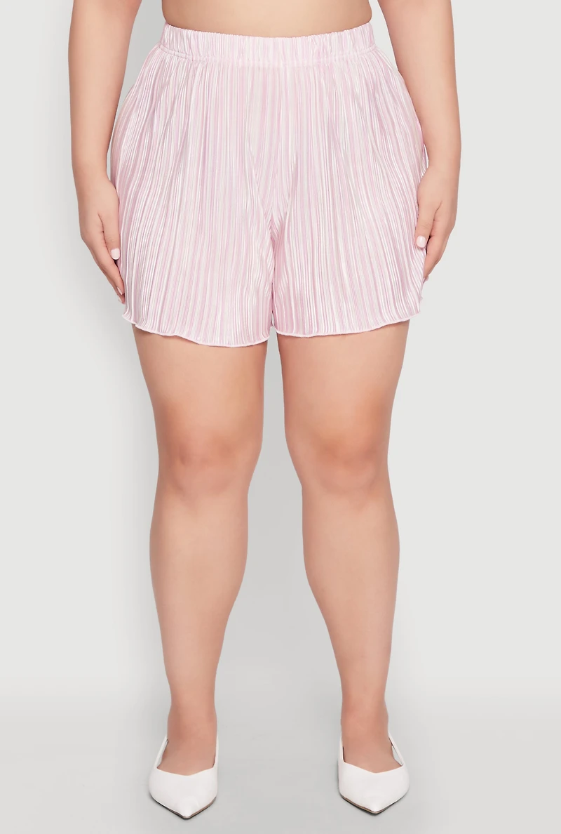 Womens Plus Size Almost Famous Plisse Striped Shorts, Pink, Size 2X