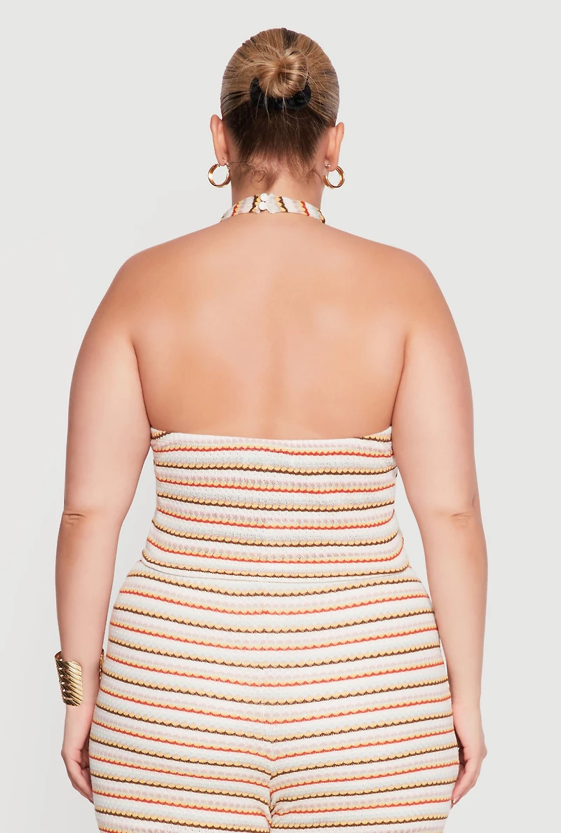 Plus Button Front Striped Halter Top