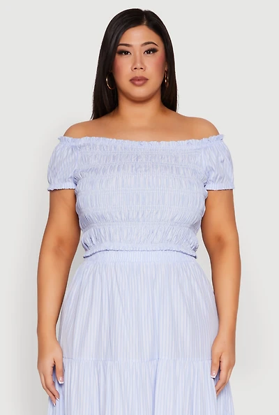 Womens Plus Size Almost Famous Striped Smocked Crop Top, Blue, Size 1X