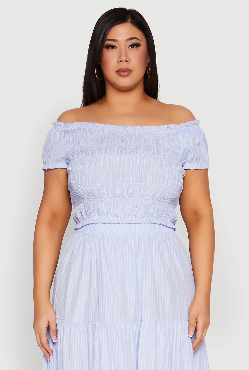 Womens Plus Size Almost Famous Striped Smocked Crop Top, Blue, Size 1X
