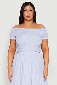 Womens Plus Size Almost Famous Striped Smocked Crop Top, Blue, Size 1X