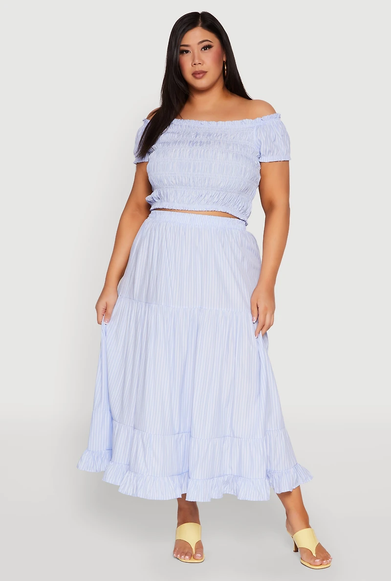 Womens Plus Size Almost Famous Striped Smocked Crop Top, Blue, Size 3X