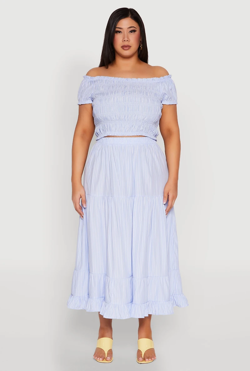 Womens Plus Size Almost Famous Striped Smocked Crop Top, Blue, Size 1X