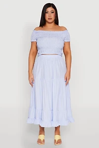 Womens Plus Size Almost Famous Striped Smocked Crop Top, Blue, Size 1X