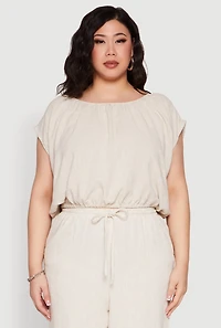 Womens Plus Linen Dolman Sleeve Crop Top, Beige,