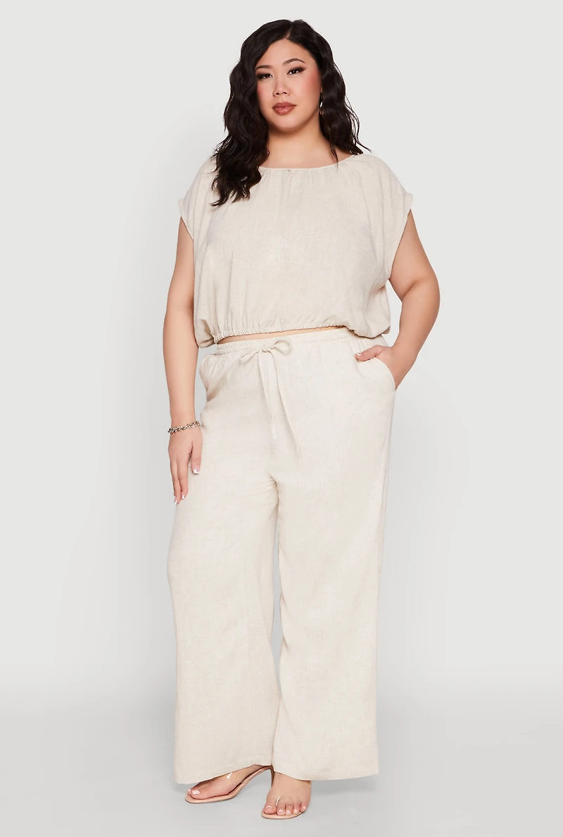Womens Plus Linen Dolman Sleeve Crop Top,