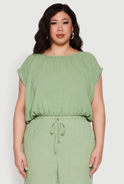 Womens Plus Size Linen Dolman Sleeve Crop Top, Green, Size 3X