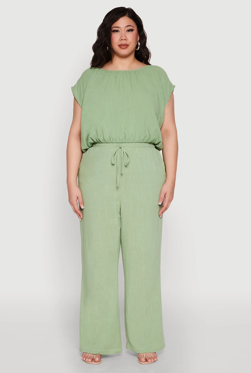 Womens Plus Size Linen Dolman Sleeve Crop Top, Green, Size 2X