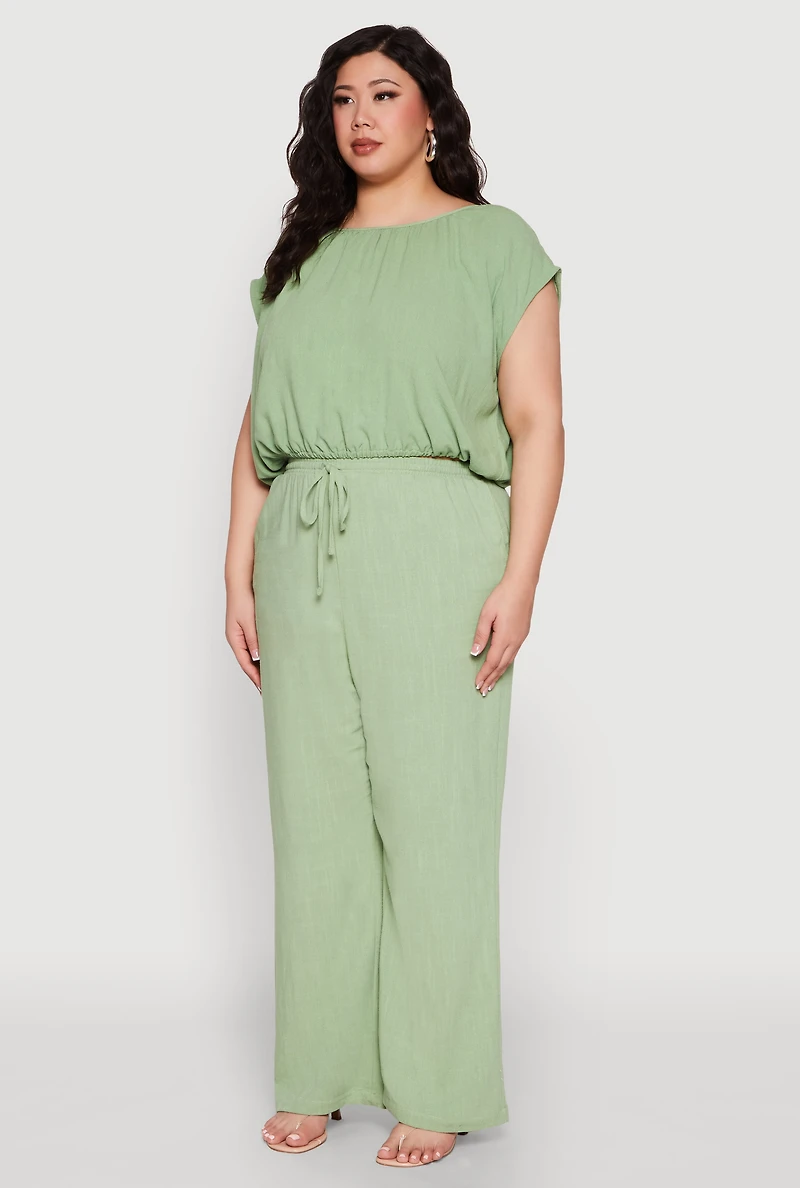 Womens Plus Size Linen Dolman Sleeve Crop Top, Green, Size 2X