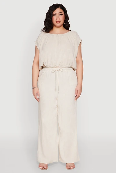 Womens Plus Size Linen High Waisted Pants, Khaki, Size 2X