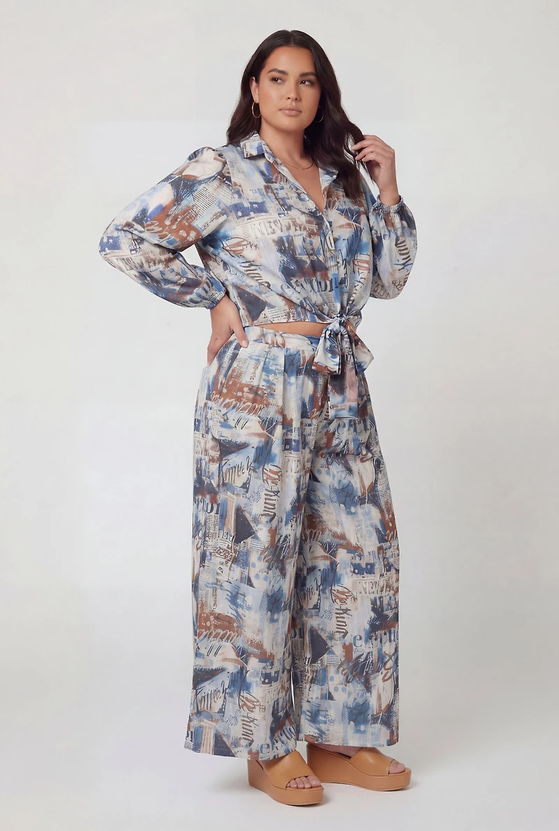 Plus Satin Printed Tie Front Cropped Shirt