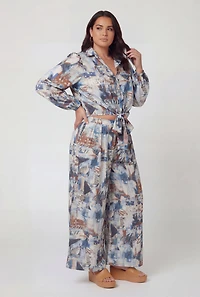 Plus Satin Printed Tie Front Cropped Shirt