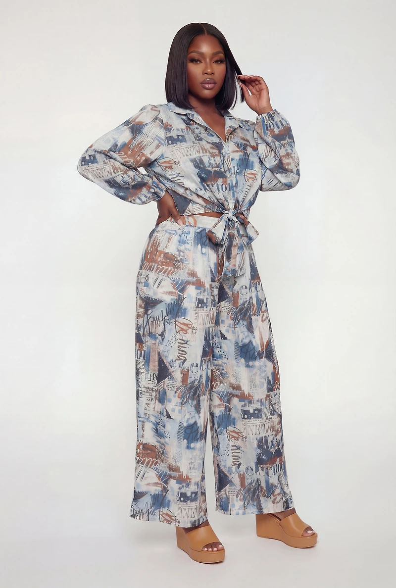 Plus High Waisted Printed Satin Palazzo Pants