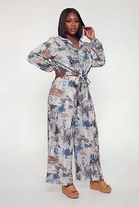 Plus High Waisted Printed Satin Palazzo Pants