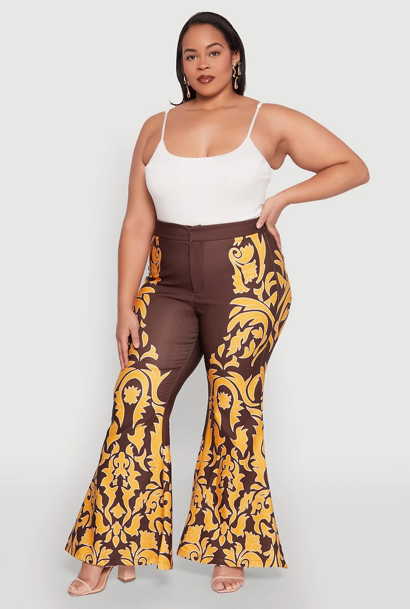 Womens Plus Size Contrast Print Flared Pants, Multi, Size 1X