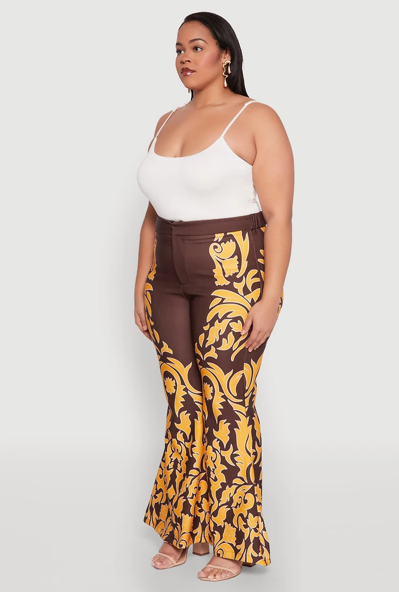 Womens Plus Size Contrast Print Flared Pants, Multi, Size 2X