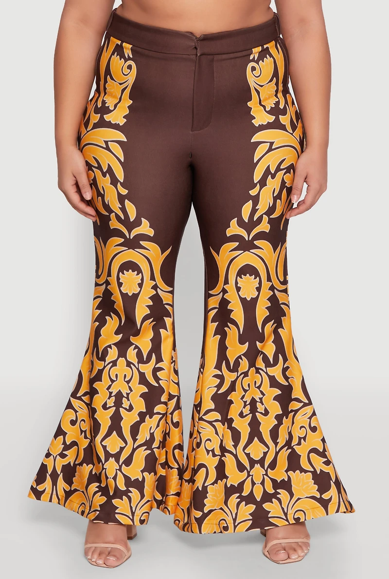 Womens Plus Size Contrast Print Flared Pants, Multi, Size 2X