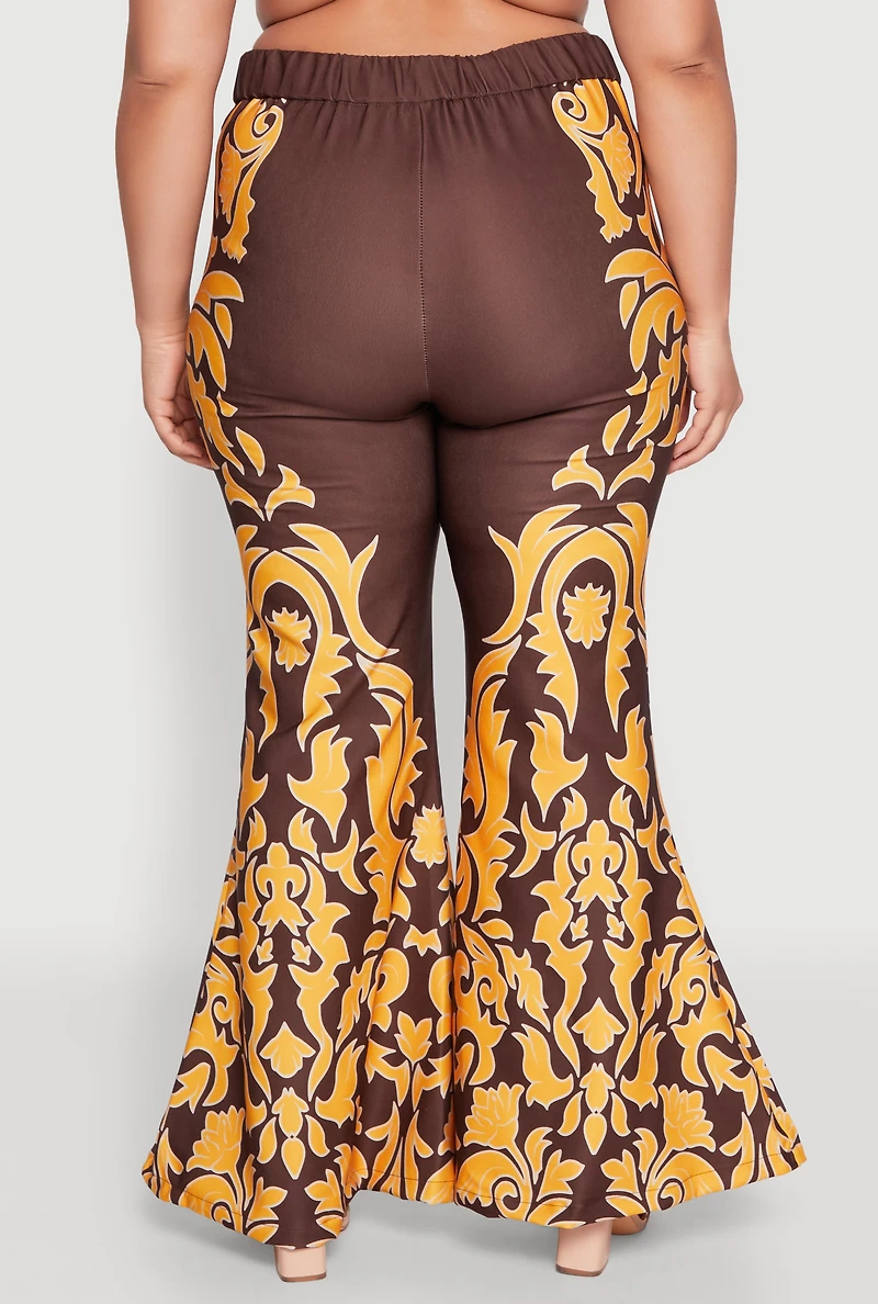 Womens Plus Size Contrast Print Flared Pants, Multi, Size 1X