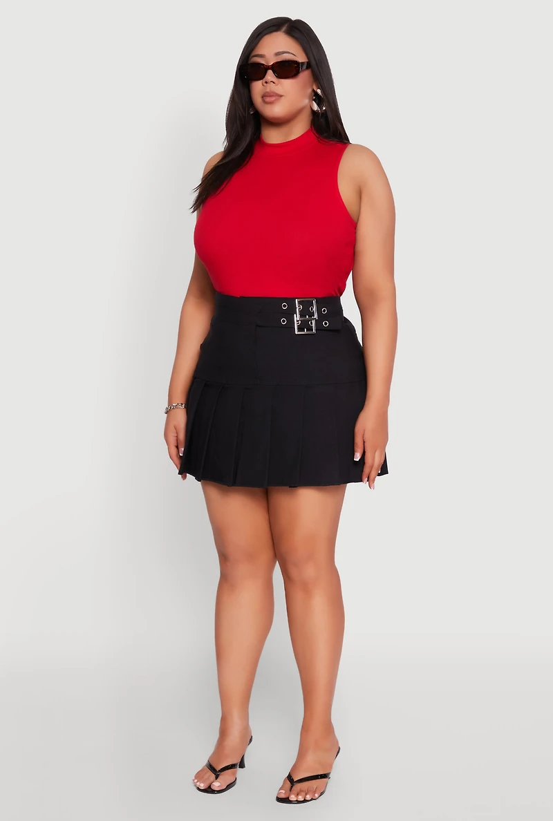 Womens Plus Size Buckle Front Pleated Skirt, Black, Size 1X