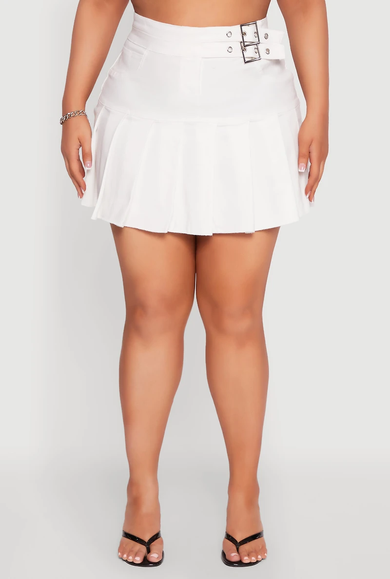 Womens Plus Size Buckle Front Pleated Skirt, White, Size 1X