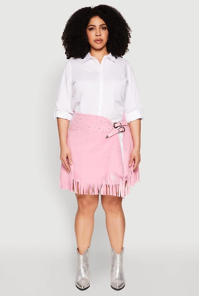 Womens Plus Size Fringe Buckle Front Skirt, Pink, Size 2X