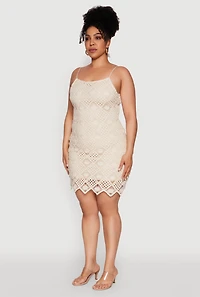 Womens Plus Size Chic Crochet Scoop Neck Cami Dress, Beige, Size 2X