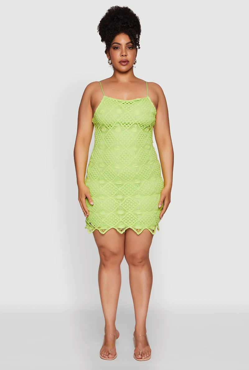 Womens Plus Size Chic Crochet Scoop Neck Cami Dress, Green, Size 2X