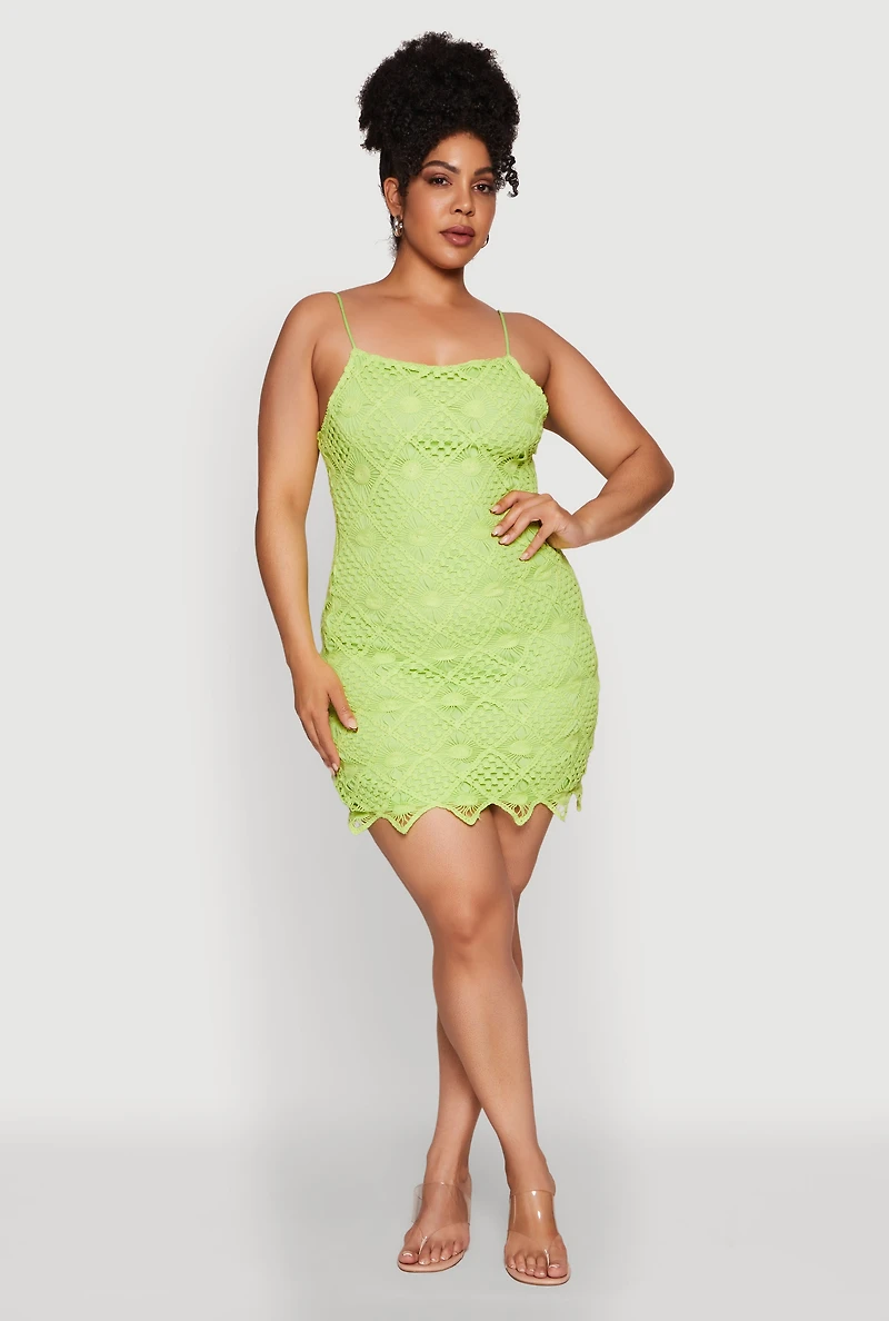 Womens Plus Size Chic Crochet Scoop Neck Cami Dress, Green, Size 2X