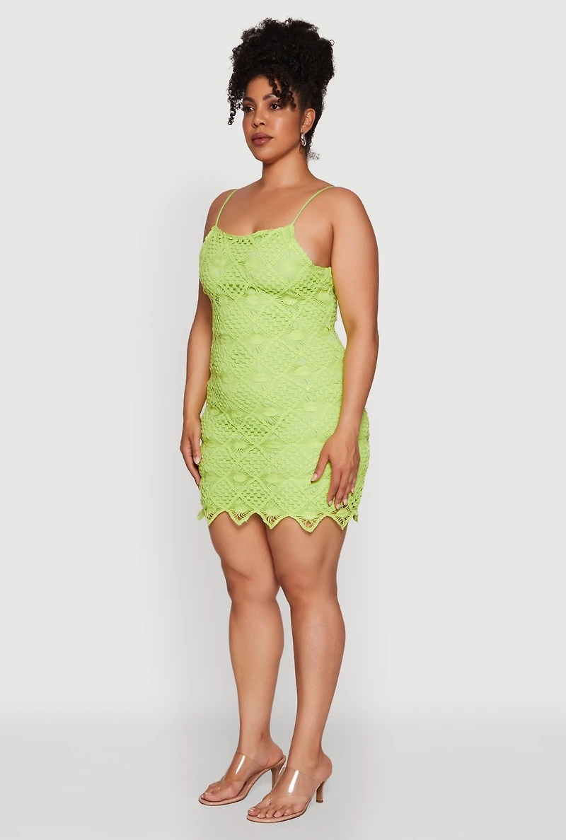 Womens Plus Size Chic Crochet Scoop Neck Cami Dress, Green, Size 1X