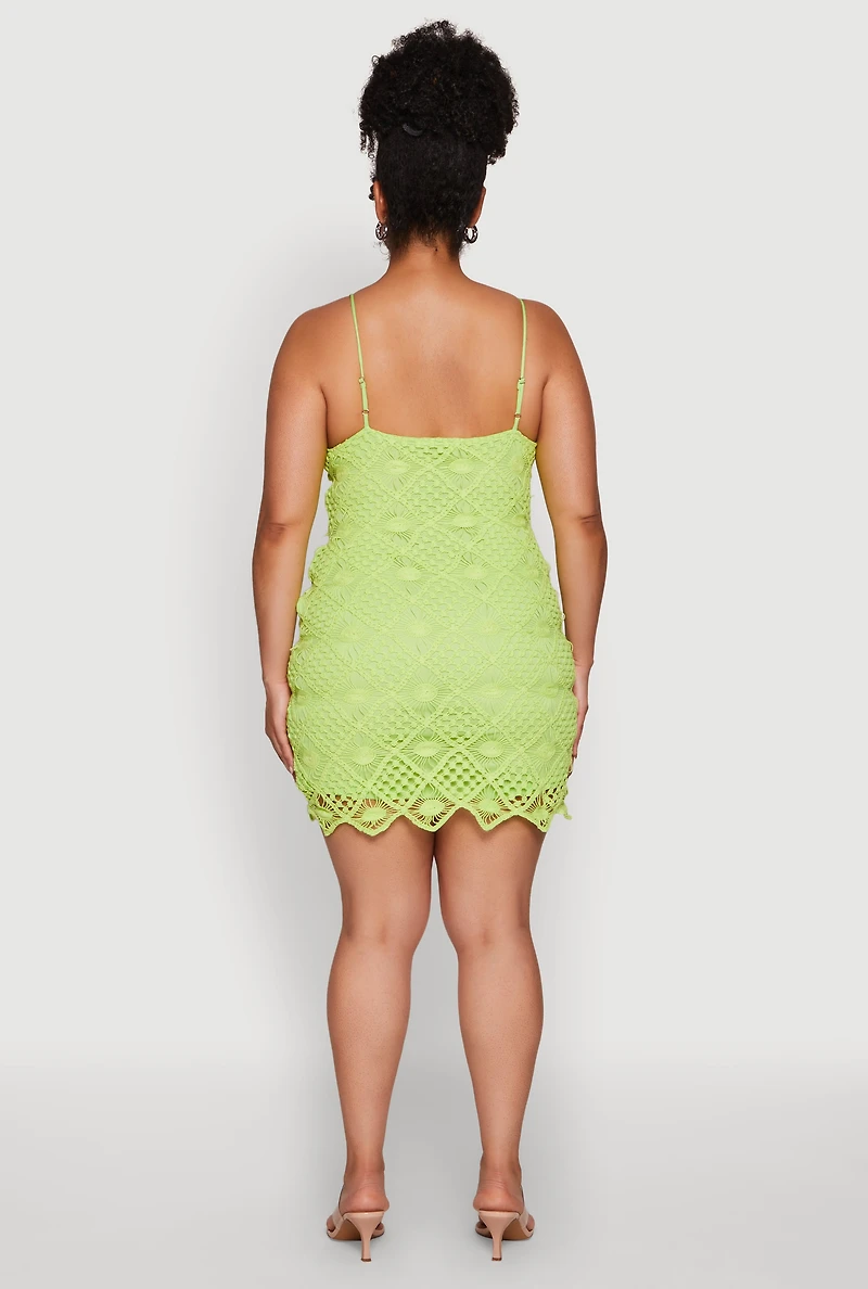 Womens Plus Size Chic Crochet Scoop Neck Cami Dress, Green, Size 2X