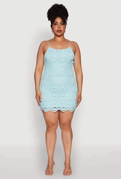 Womens Plus Size Chic Crochet Scoop Neck Cami Dress, Blue, Size 3X