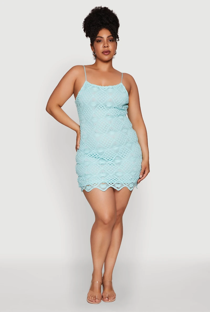 Womens Plus Size Chic Crochet Scoop Neck Cami Dress, Blue, Size 3X
