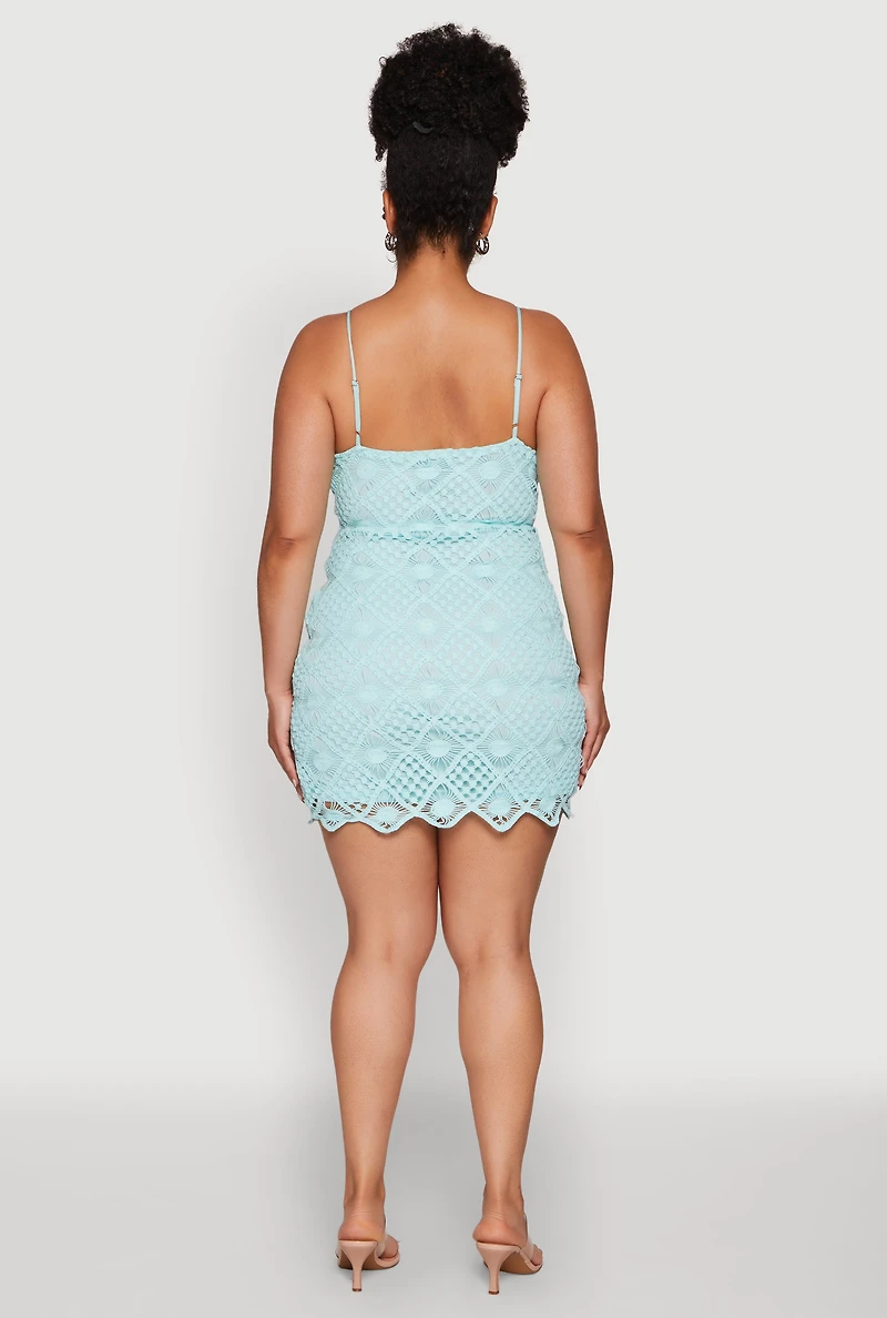 Womens Plus Size Chic Crochet Scoop Neck Cami Dress, Blue, Size 3X