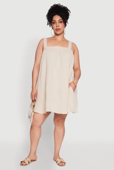 Plus Gauze Knit Square Neck Babydoll Dress with V Back