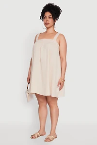 Womens Plus Size Gauze Knit Square Neck Babydoll Dress with V Back, Beige, Size 1X