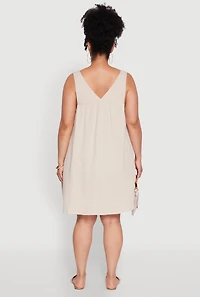 Womens Plus Size Gauze Knit Square Neck Babydoll Dress with V Back, Beige, Size 1X