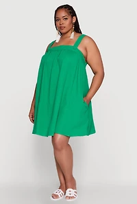 Womens Plus Size Gauze Knit Square Neck Babydoll Dress with V Back, Green, Size 1X