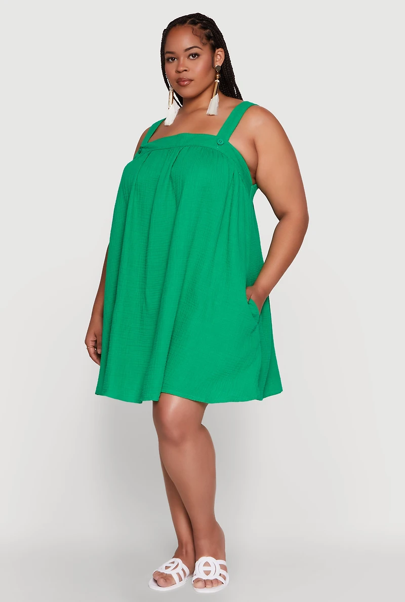 Womens Plus Gauze Knit Square Neck Babydoll Dress with V Back,