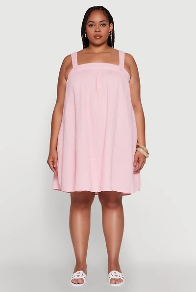 Womens Plus Size Gauze Knit Square Neck Babydoll Dress with V Back, Pink, Size 3X