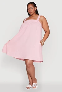Womens Plus Size Gauze Knit Square Neck Babydoll Dress with V Back, Pink, Size 3X