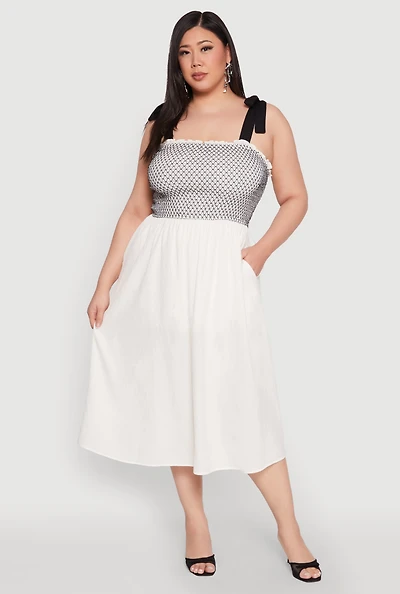 Womens Plus Size Smocked Tie Shoulder Midi Dress, White, Size 3X