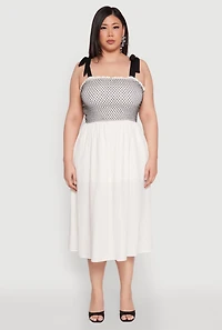 Womens Plus Size Smocked Tie Shoulder Midi Dress, White, Size 1X