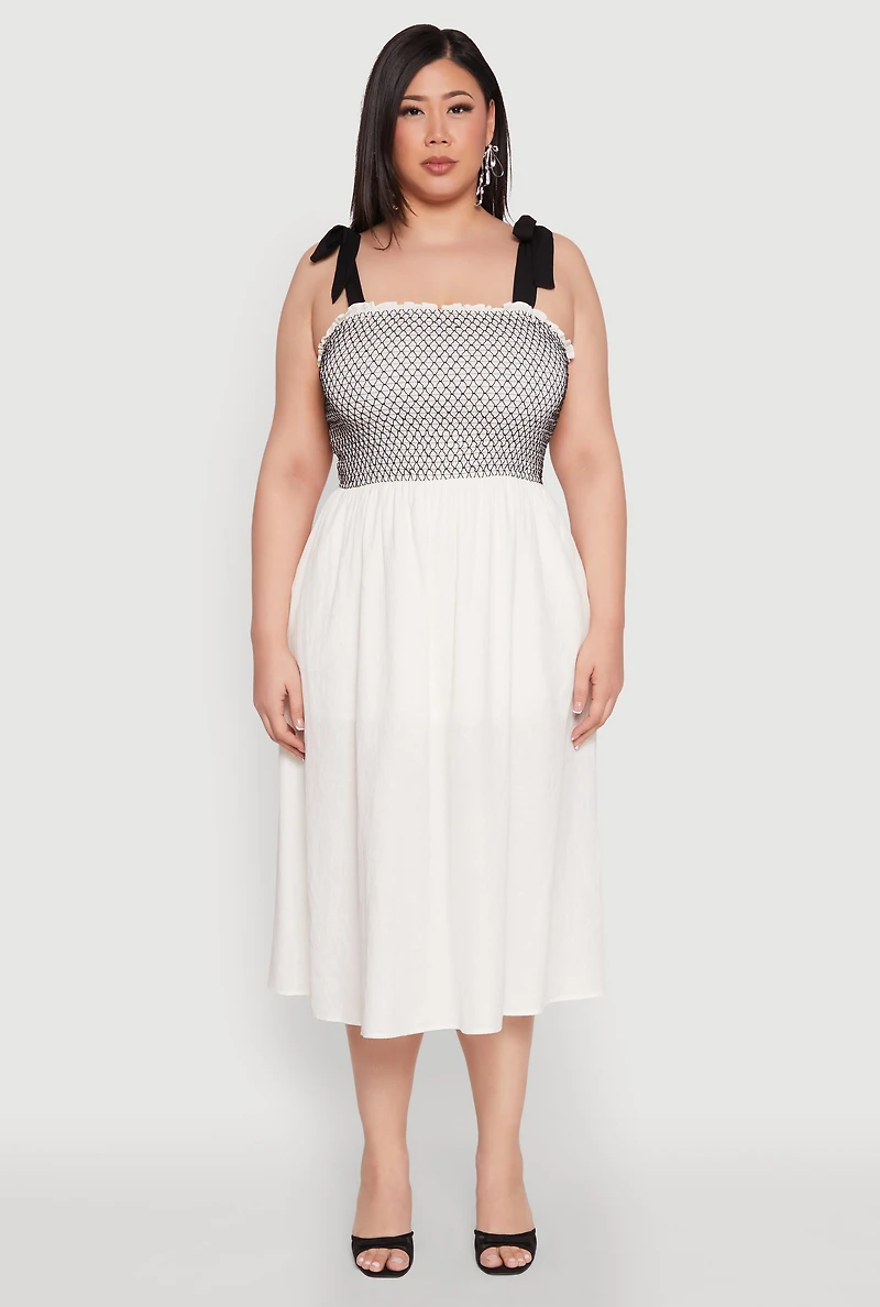 Womens Plus Size Smocked Tie Shoulder Midi Dress, White, Size 3X