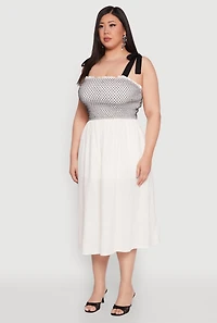 Womens Plus Size Smocked Tie Shoulder Midi Dress, White, Size 1X
