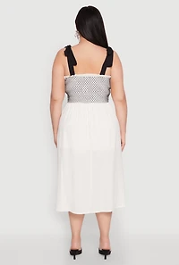 Womens Plus Size Smocked Tie Shoulder Midi Dress, White, Size 1X