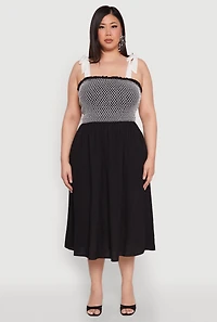 Womens Plus Smocked Tie Shoulder Midi Dress,